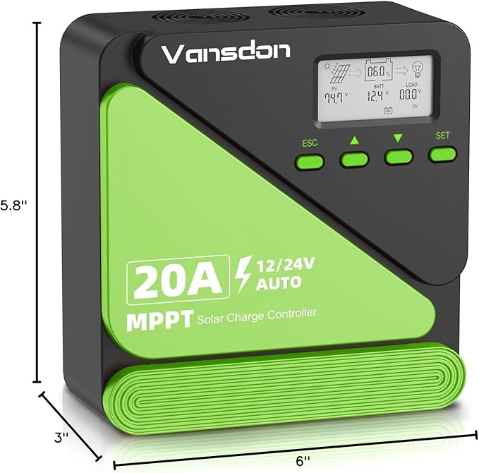 Vansdon 20A Solar Charge Controller 12V/24V MPPT Solar Charge Controller, Adjustable LCD with Timer, Dual USB Ports, for RV, Boat, Cabin, Off-Grid Systems, Compatible with FLD/LiFePO4/SLD/GEL/AGM