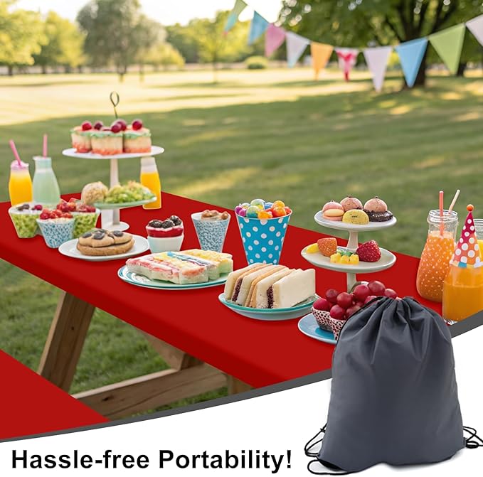 Smiry Picnic Table Cover with Bench Covers, Waterproof Elastic Fitted Polyester Tablecloths for 8 Ft Rectangle Tables, Washable Windproof Tablecloth for Outdoor, RV & Camping (Red, 30x96 Inches)