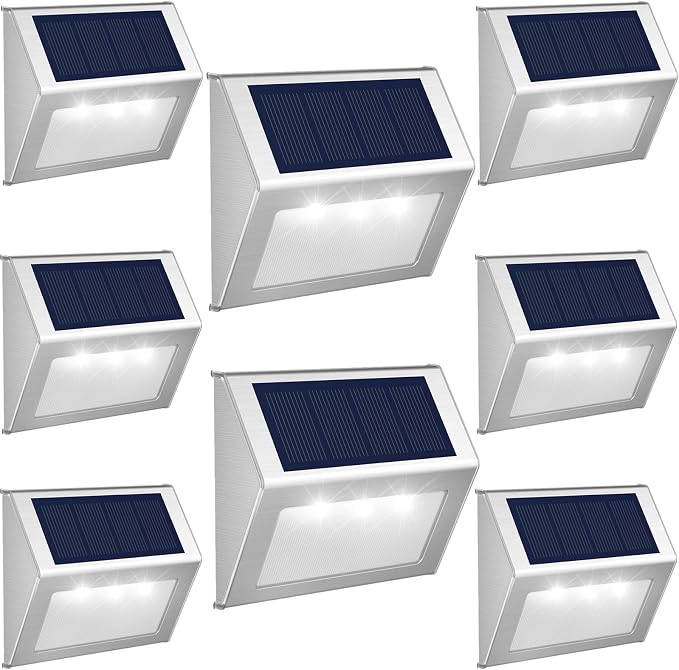JSOT Solar Lights Perfect for Deck, Fence, Stair, Step Decor-Cool White-8P | Stainless steel material, waterproof, Solar Powered, yard, patio deck rail