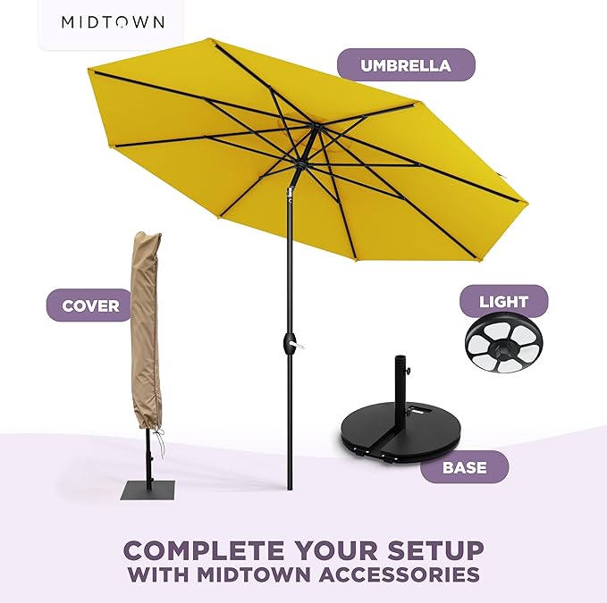 Midtown Umbrellas - 10-Year-No-Fade 10 Ft Patio Umbrella with Terylast Fabric, Auto-Tilt Aluminum Frame and 8 Reinforced Ribs for Deck, Pool, Garden & Beach - Sunflower Yellow Canopy, Black Pole