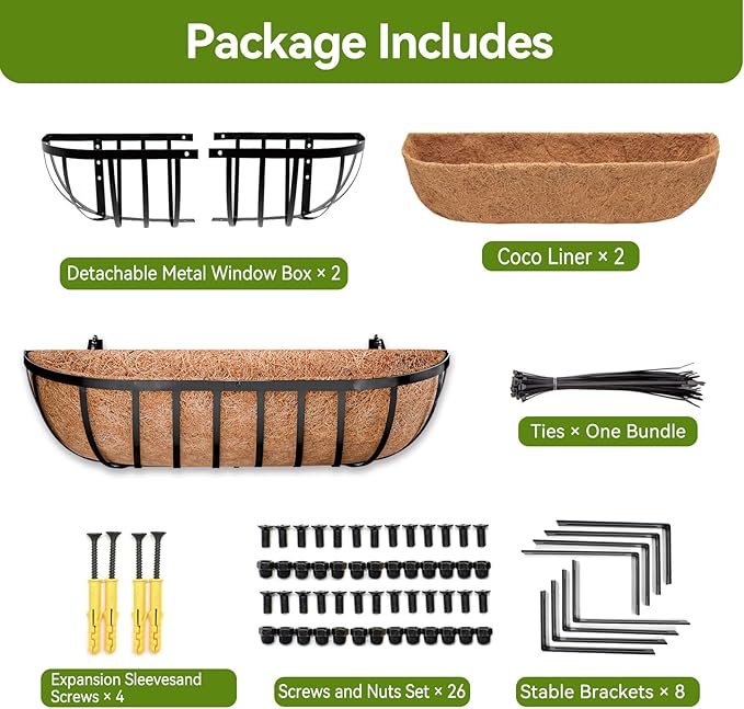 Halatool 24 Inch Heavy-Duty Metal Deck Railing Planter Box, 2 Pack Rust-Resistant Window Boxes Planters with Coco Liner & Adjustable Brackets, Grow More On Your Balcony, Patio & Fence