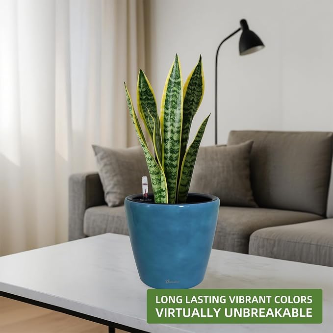 Dexceder 11x10 Self Watering Planter (Peacock Blue Gradient) | Inner Pot Design, Thickened Table Flower Plant Pot with Water Level Indicator Indoor Outdoor