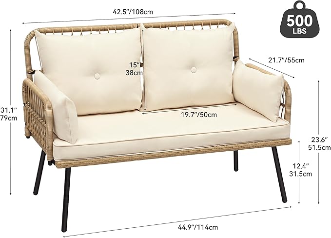 YITAHOME Patio Furniture Wicker Outdoor Loveseat, All-Weather Rattan Conversation for Backyard, Balcony and Deck with Soft Cushions (Light Brown+Beige)