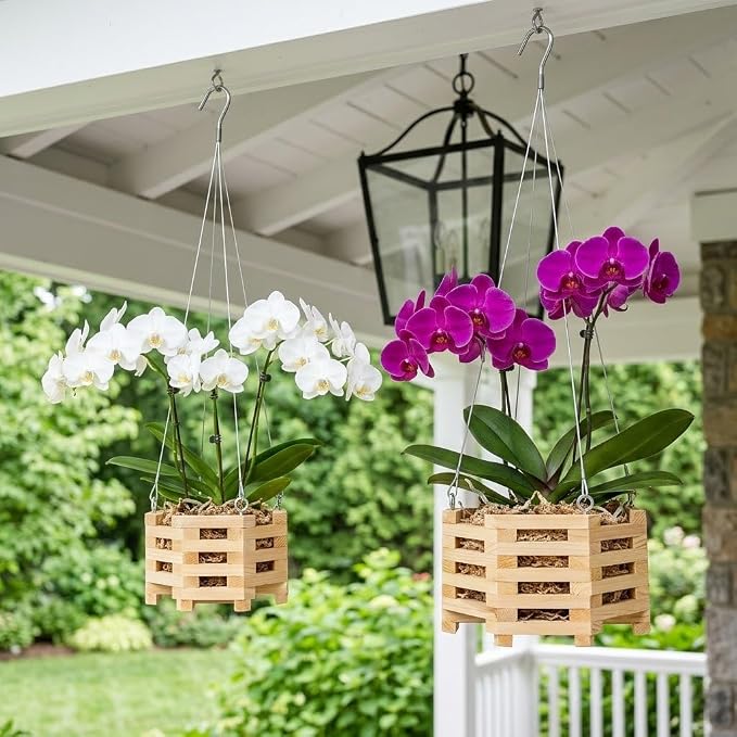 Wooden Orchid Baskets with Hangers for Epiphytes & Vandas, 6" & 8" Octagon Hanging Planter Set for Patio, Balcony Decor, Garden Flower Pots for Indoor Outdoor Plants, Set of 2