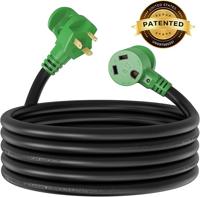 RVMATE 30 Amp 15 Feet RV Power Extension Cord with Easy Plug-in Handle, TT-30P to TT-30R, LED Indicator, 10 AWG, ETL Listed