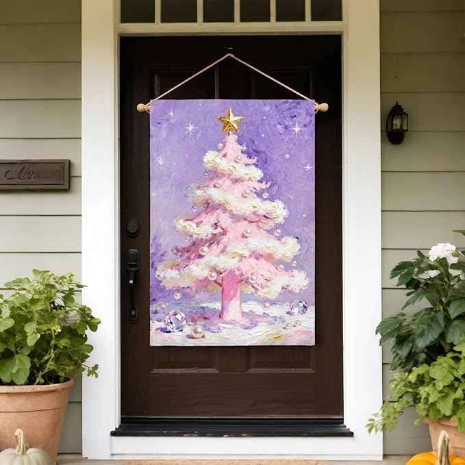 Christmas House Flag 28x40 Inch Purple Pink Xmas Tree Pearl Winter Holiday Decorative Garden Flags for Outside Double Sided Seasonal Outdoor Home Farmhouse Decoration Porch Yard New Year Decor