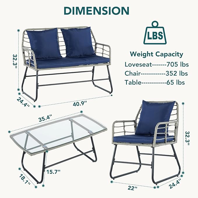 DUMOS Outdoor 4 Piece Patio Furniture Set, Wicker Patio Set with Thick Sandwich Structure Cushions, Deep Seating All-Weather Rattan Sofa and Functional Glass Table for Porch, Lawn, Grey