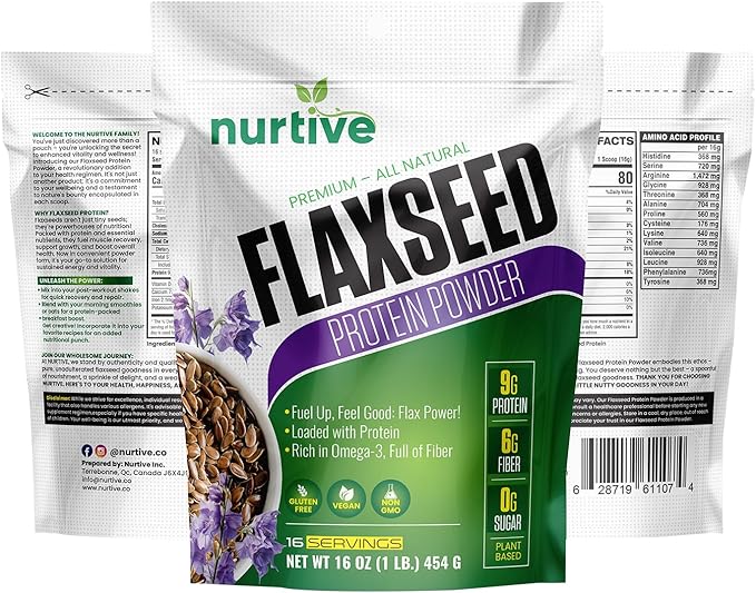 Flaxseed Protein Powder - Plant-Based, Rich in Omega-3 and Antioxidants - Ideal for Post-Workout Recovery - Nutritional Boost for Smoothies & Baking - Non-GMO & Gluten-Free (16 oz / 454g)