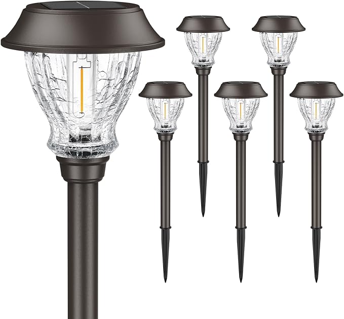 XMCOSY+ Solar Pathway Lights Outdoor, 6 Pack Crackled Glass Solar Garden Lights, Warm White Dusk to Dawn, Waterproof Auto On/Off Landscape Lighting for Yard Walkway Driveway Patio