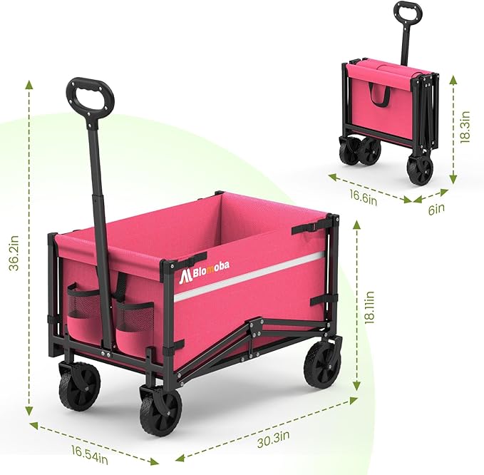 Blomoba Collapsible Wagon Cart, 220LBS Heavy Duty Collapsible Wagon with All-Terrain Wheels 360° Rotation, Flexible Handle, Portable Utility Cart for Grocery Sports Garden Shopping Camping Beach, Pink