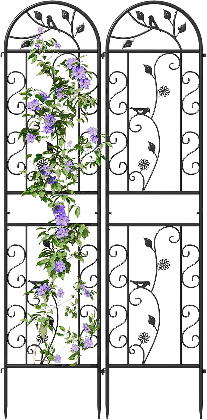 2 Pack 87"x20" Black Metal Garden Trellises, Decorative Daisy & Bird Rustproof Trellis for Outdoor Climbing Plants, Roses, Vines, Cucumbers & Vegetables