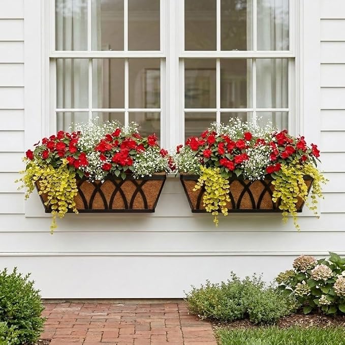 24 Inch Window Box Planter with Coco Liner for Hanging Outdoor Plants, 4 Pack Railing Planter Boxes with Adjustable Brackets for Balcony Deck Porch & Patio Garden Decor, Black