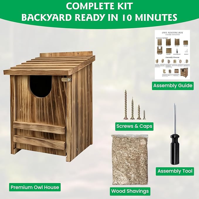 Pine Wood Owl Nesting Box with Shavings for Screech Owls & American Kestrels, 14" x 9" x 9" Outdoor Owl House, Weatherproof, Durable & Easy to Install, Charred Brown Color