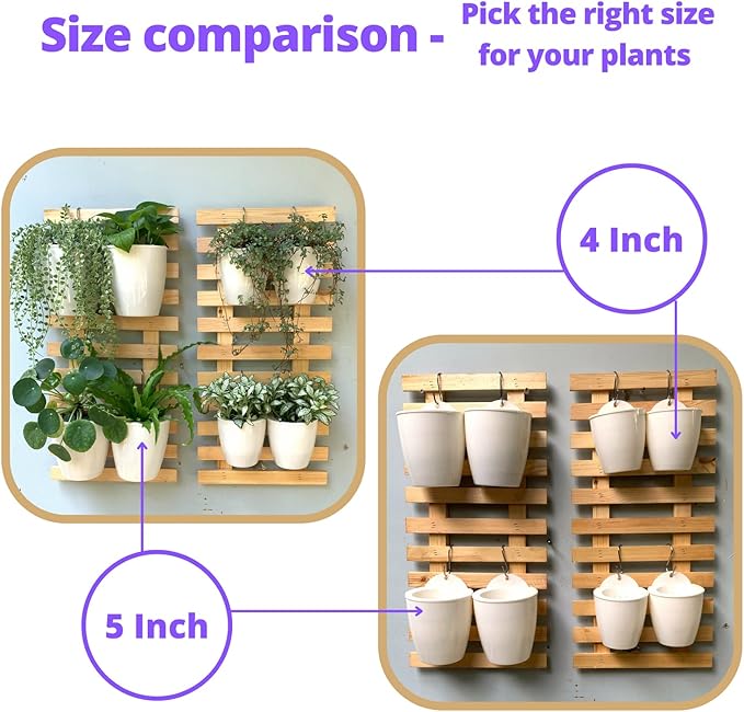 ShopLaLa Bundle- 4" White Self Watering Plastic Pots x 10 Pack + White Wooden Hanging Planters x 2 Pack Vertical Wall Mounted Pot Holder Indoor Plants Modern Hydroponic Herb Succolent Garden LaLaGreen