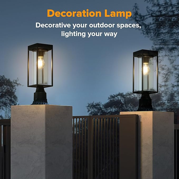 LUTEC 2 Pack Solar Post Lights, Dusk to Dawn Aluminium Lamp with Pier Mount Base, Exterior Black Solar Fence Light Outdoor Waterproof for Garden Yard Patio