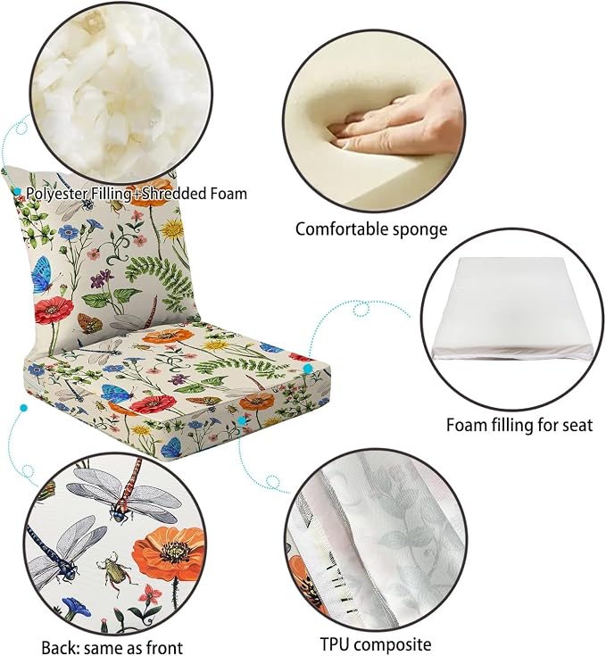 All Smiles Outdoor Chair Cushions for Patio Furniture Set of 22X22 Lawn Cushions Deep Seat UV Waterproof Resistant with Removable Cover Garden Flowers Farmhouse Decorative for Seat Yard Garden Deck