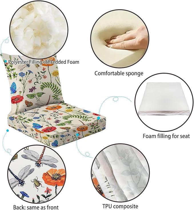 All Smiles Outdoor Chair Cushions for Patio Furniture Set of 19X19 Lawn Cushions Deep Seat UV Waterproof Resistant with Removable Cover Garden Flowers Farmhouse Decorative for Seat Yard Garden Deck