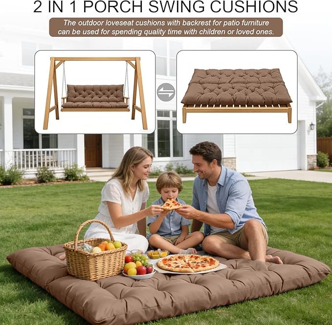 Porch Swing Cushions, Outdoor Swing Replacement Cushions 3 Seater with Backrest, Waterproof Bench Cushion with Ties,for Patio,Porch, Garden,Backyard