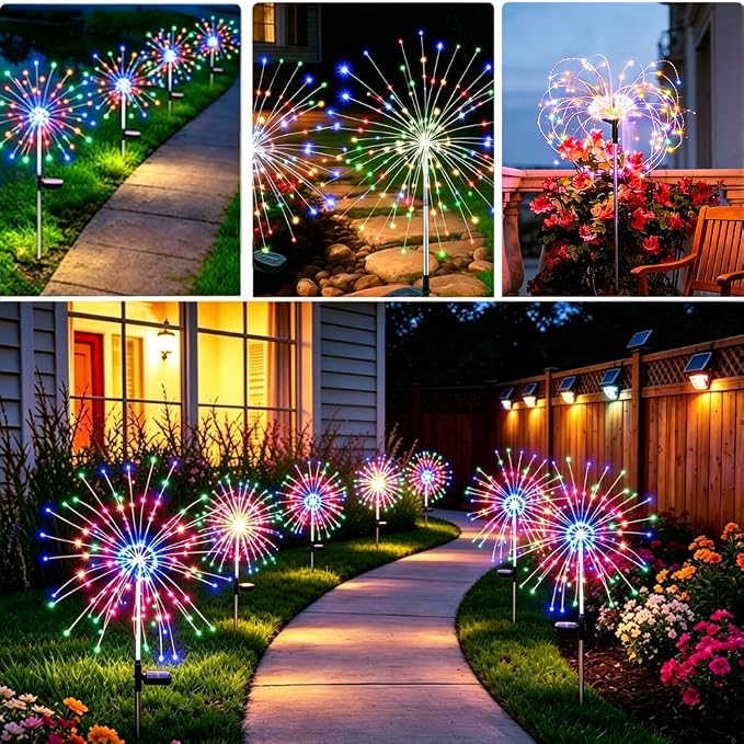 Solar Firework Lights for Outside,150 LED RGB Color Changing Firework LED Solar Fairy Light Twinkling Tree Outdoor for Garden Yard Landscape Wedding Christmas Party Decor Multicolor (2 Pack)