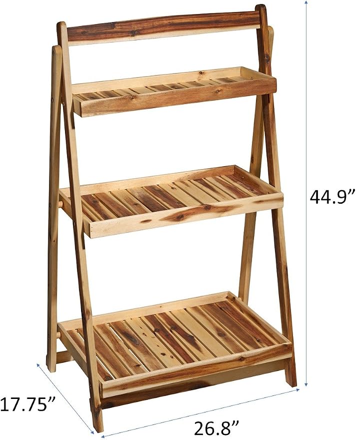 Classic Home and Garden 3 Tiered Acacia Wood Plant Stand - Ladder Plant Stand for Indoor & Outdoor Use - Linseed Treated Wooden Shelf Stand for Plants - Plant Shelves for Home & Garden (45" H x 27" L)