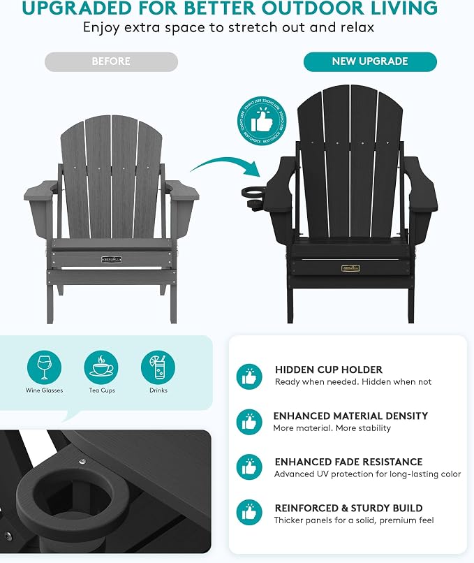 SERWALL Foldable Adirondack Chair with Cup Holder Set of 2, All Weather Adirondack Chairs for Patio Garden Outdoors Fire Pit - Black
