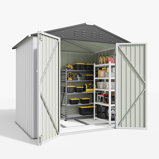 Patiowell 6x4 FT Outdoor Storage Shed with Floor Frame, Metal Garden Patio Sheds with Sloping Roof and Lockable Door, Waterproof Steel Tool Shed for Backyard Garden Lawn, White