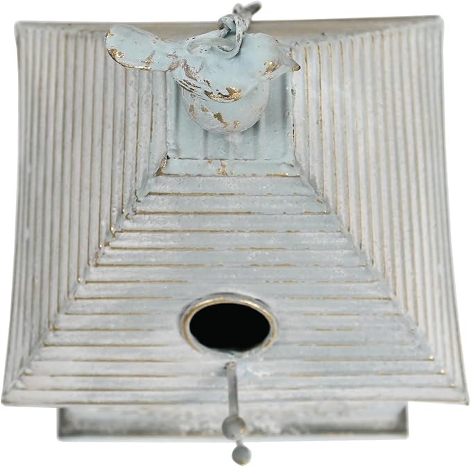 Distressed White Hanging Birdhouse with Home Emblem, Rustic Farmhouse Decorative Bird Nest Box for Outdoor Garden, Patio, Yard, Weathered Bird Shelter for Small Birds (Blue)