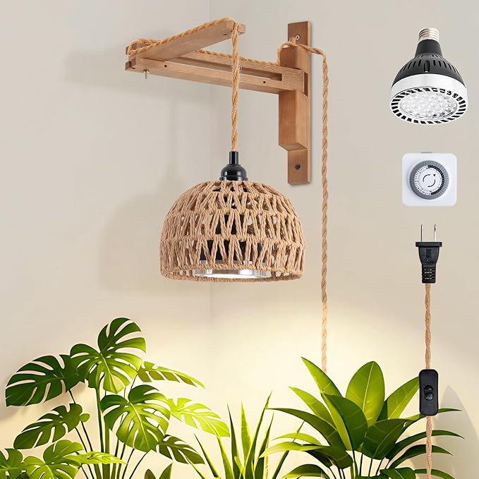 30W 4000K Indoor Plant wall Mounted Growth Light, Bohemian Style wall Mounted Plant Light with Timer, Equipped with a 14 Foot Power Cord, Suitable for Indoor Plant Cultivation and Floral Display