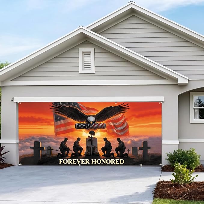 6 * 13FT Eagle USA Flag Memorial Day Garage Door Cover Decorations Independence Day Garage Door Banner for Outdoor Indoor Patriot Party Photography Backdrop