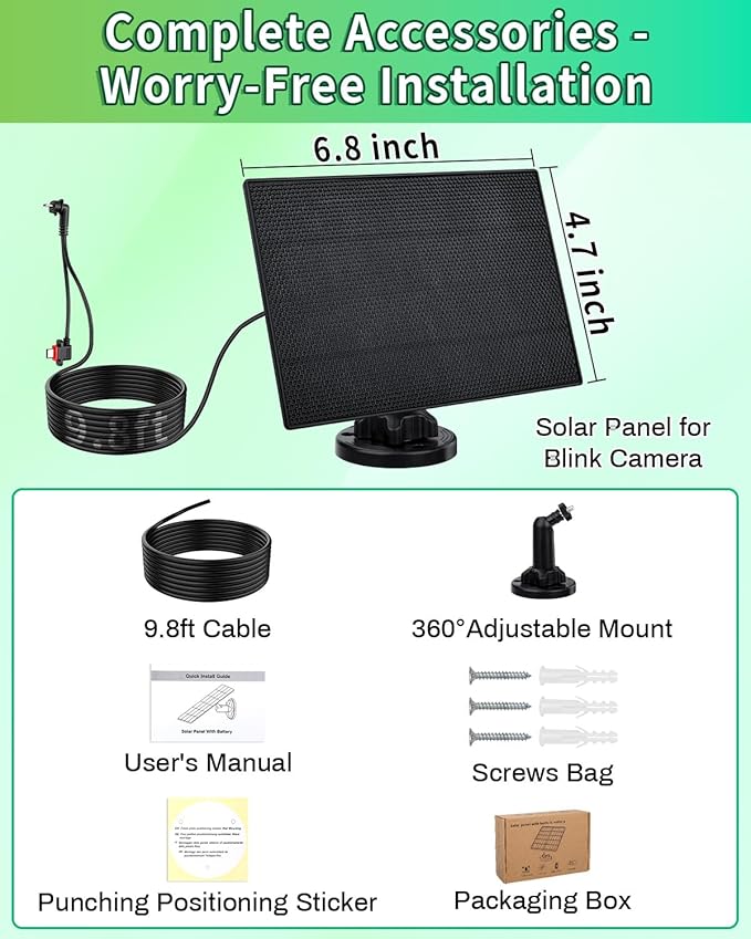 Solar Panel for Blink Camera, 3W Solar Charger Built-in 2600mAh Battery,IP65 Waterproof Solar Panels for Blink Outdoor 4(4th Gen)/Outdoor(3rd Gen) XT3 & XT2/XT Camera, with 9.8ft Cable (1)