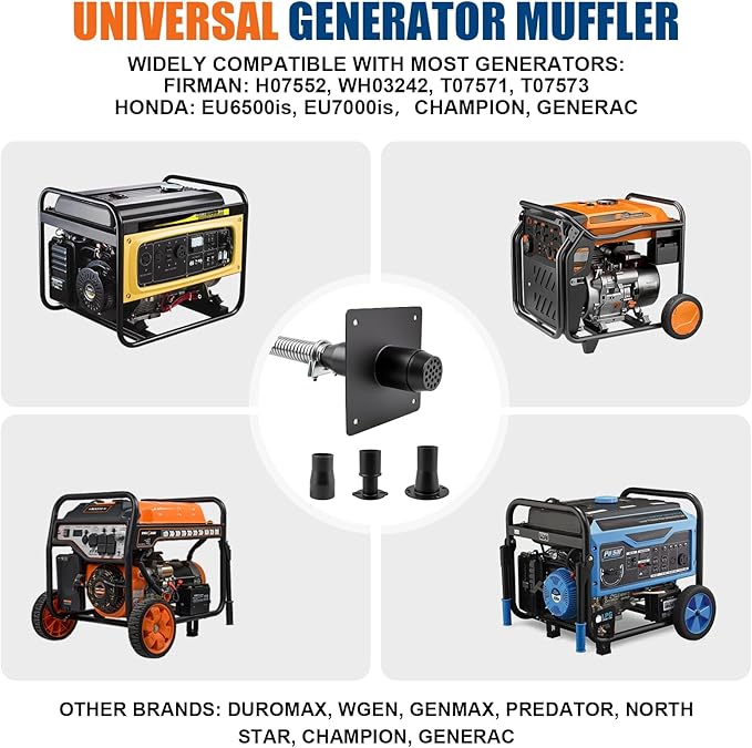 Generator Exhaust Extension Silencer Kit - 3 Universal Adapters, Insulated Through-Wall Mounting Plate, High-Performance Silencing Grille, Compatible with All Portable Generators