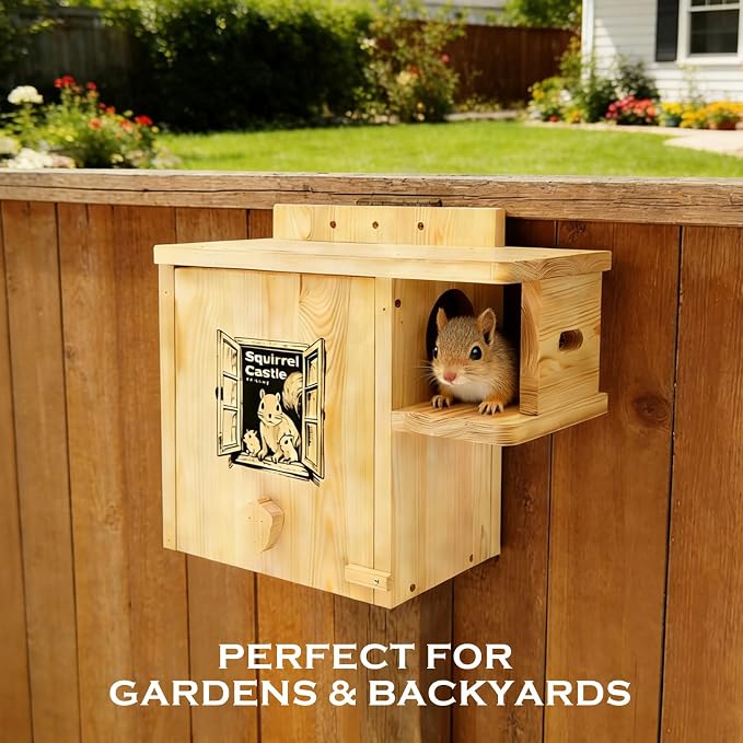 Extra Large Outdoor Squirrel House, Wooden Nesting Box | 0.7-inch-thick weatherproof pine, external rest platform, front porch, ventilation and easy mounting on trees or fences