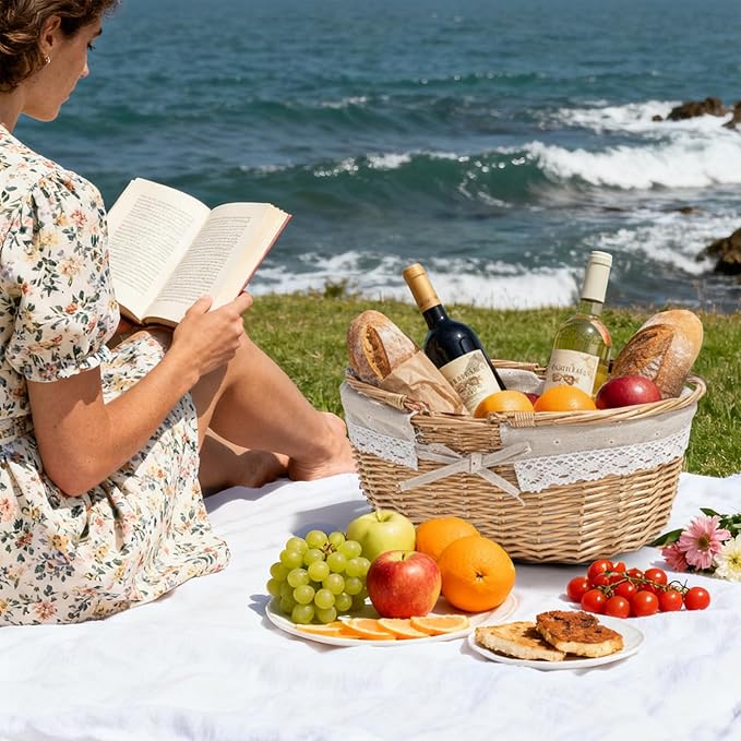 Dicunoy Wicker Picnic Basket with Handle, Large Empty Gift Basket to Fill, Open Top Market Harvest Baskets for Garden, Fruit, Candy, Wine, Easter Egg Gathering, Wedding, Vegetables