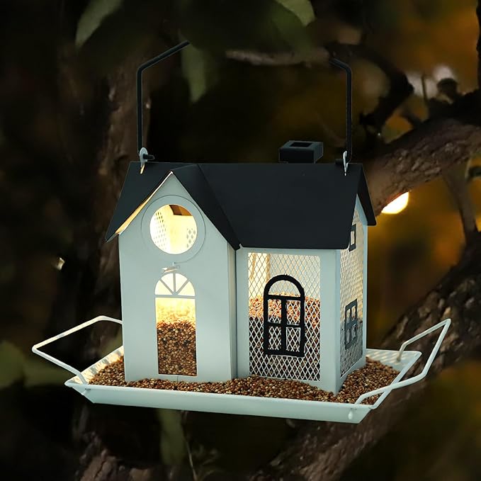 Solar Bird Feeder for Outdoors – White Metal Hanging Bird Feeder with Solar Light, Decorative Bird House Feeder for Cardinals, Finches, and Wild Birds, Weatherproof Backyard Garden Decor