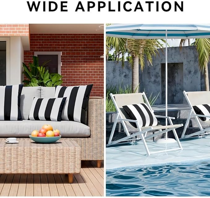WESTERN HOME WH Pack of 2 Decorative Outdoor Waterproof Striped Throw Pillow Covers Polyester Garden Modern Farmhouse Striped Cushion Cases for Patio Tent Balcony Couch Sofa 18x18 inch Black