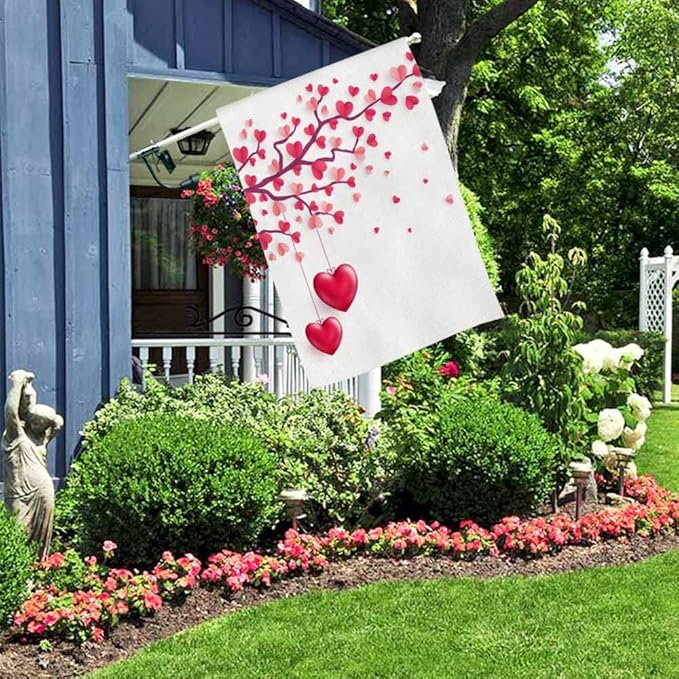 AOYEGO Valentines Day House Flags 28 x 40 Double Sided Burlap Tree With Paper Leaves and Hanging Hearts Happy Saint Yard Flags Spring Summer Farmhouse Seasonal Outdoor Flag