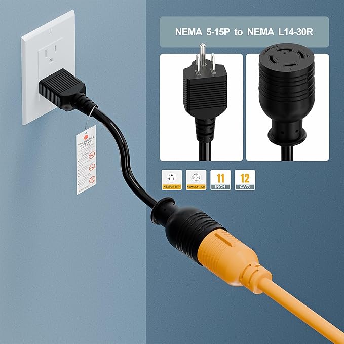 Nema 5-15P to L14-30R Power Adapter Cord, Household 15Amp to Generator Lock in 30Amp Adapter Cord, STW 12AWG Length= 1Foot