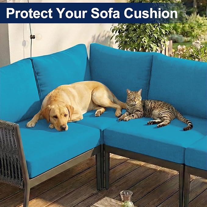 Smiry Waterproof Patio Cushion Covers, Stretch Outdoor Couch Slipcovers Replacement Washable Furniture Protector Sofa Chair Seat Cover for Dogs and Pets (4 Pcs, Teal)