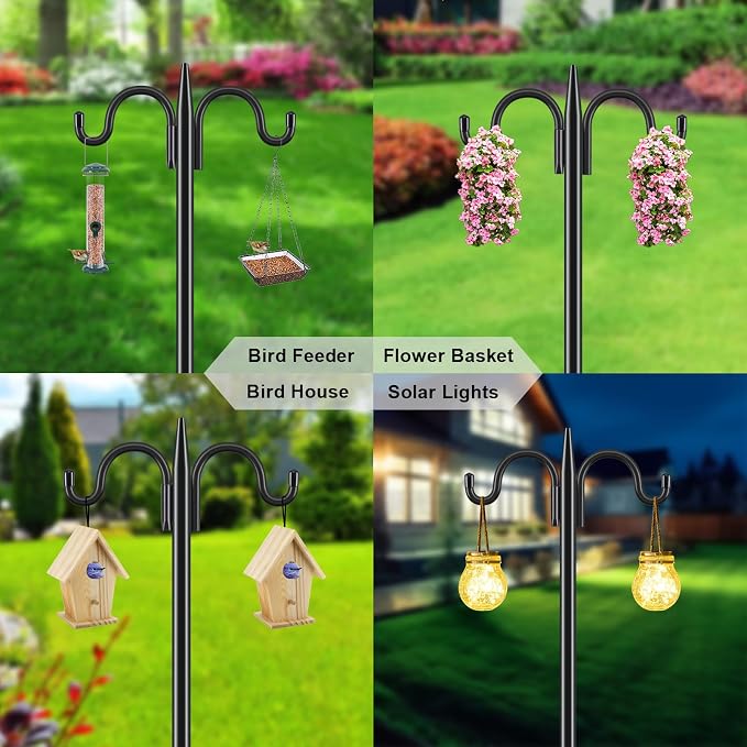 Gtongoko Bird Feeder Pole for Outdoors Heavy Duty, 2 Pack 77 Inch Double Shepherds Hook with 5-Prong Stable Base, 3/4 Inch Thick Hummingbird Feeder Stand for Hanging Plants, Lanterns