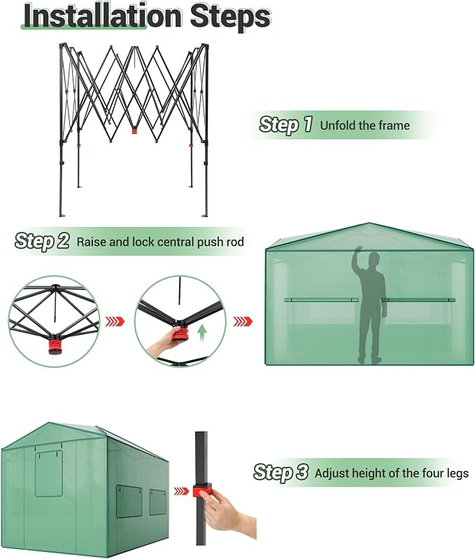 8x12 FT Pop-Up Greenhouse with Durable PE Cover, 96"x144" Large Grow Tent for All Seasons | Features Zippered Doors & Mesh Windows for Indoor/Outdoor Plants, Easy to Assemble (Green)