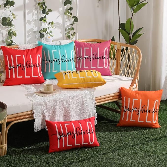 DFXSZ Outdoor Pillow Covers 18x18 Inch Set of 2 Hello Sunshine Decor Hot Pink Waterproof Throw Pillow Covers Summer Outdoor Waterproof Pillow Covers Decor for Patio Funiture Garden Sofa Couch 020H18