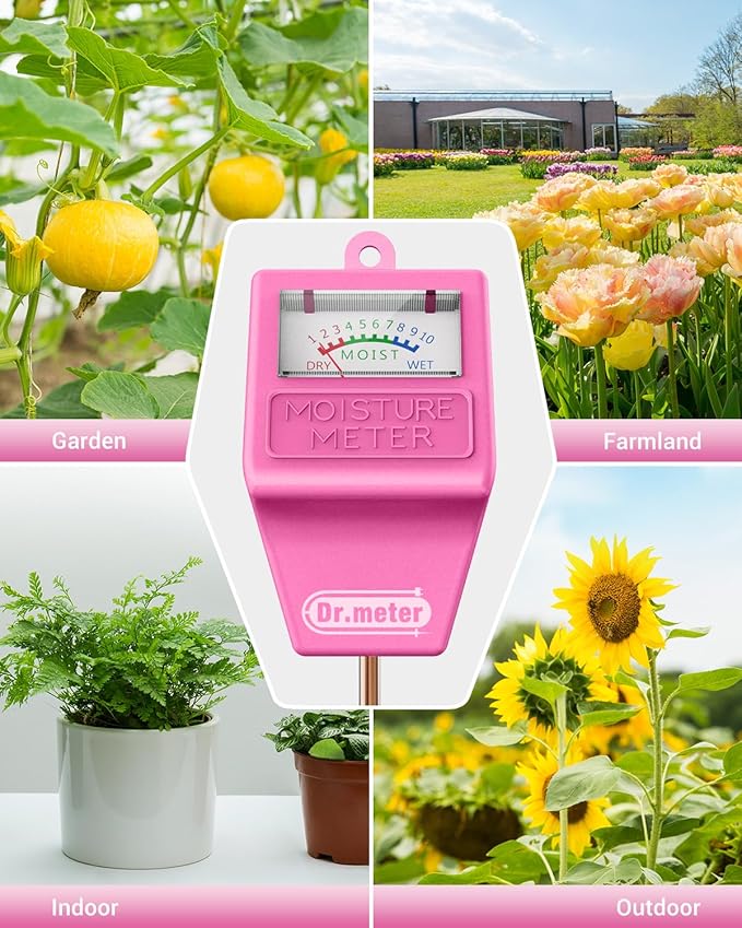 Dr.meter Soil Moisture Meter Tester for Plants, Hygrometer Moisture Sensor for Houseplants Indoor Outdoor Garden Lawn Use - Plant Water Meter Gauge Test Kit, No Battery Needed - Gardening Gifts, Pink