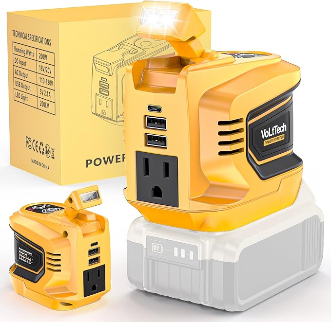 Real 200W Power Inverter Compatible with Dewalt 20V, VoLtTech Battery Inverter 20V to 110V-120V, Phone Charger USB Charger Adapter Power Adapter with 2 USB Ports & 1 Type-C & 1 AC Outlet (No Battery)