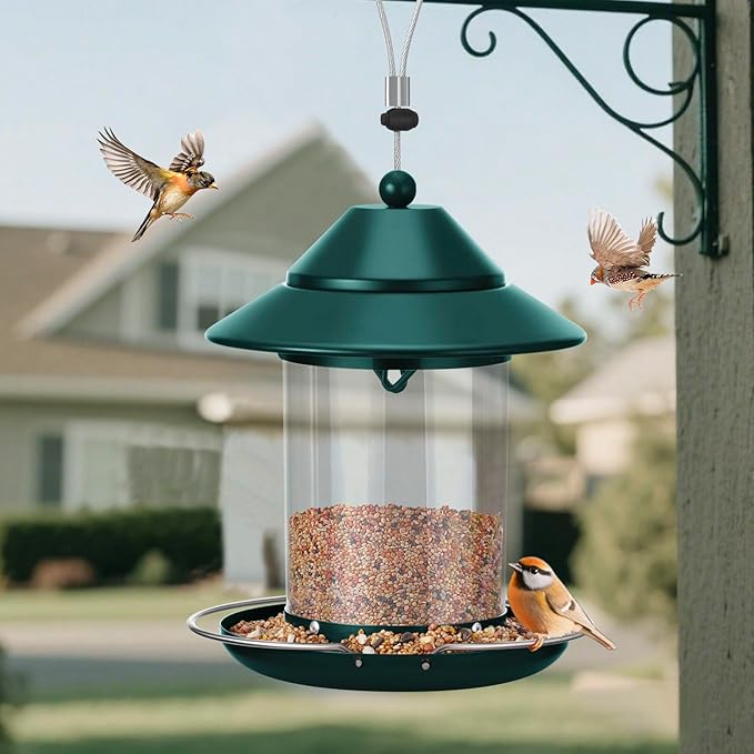 Metal Roof Bird Feeder, Hanging Bird Feeder for Outdoors with 3lb Clear Tube Seed Capacity for Viewing Cardinal Finch, Wild Birdfeeders for Outside Garden Yard Decoration
