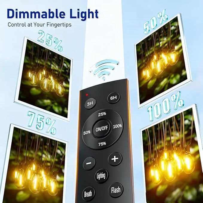 Outdoor String Lights 50FT with 18+1 Shatterproof LED Bulbs, Remote Control Dimmable Patio Lights, Waterproof Hanging Edison Light for Backyard Garden Pergola, Timer & 3 Modes