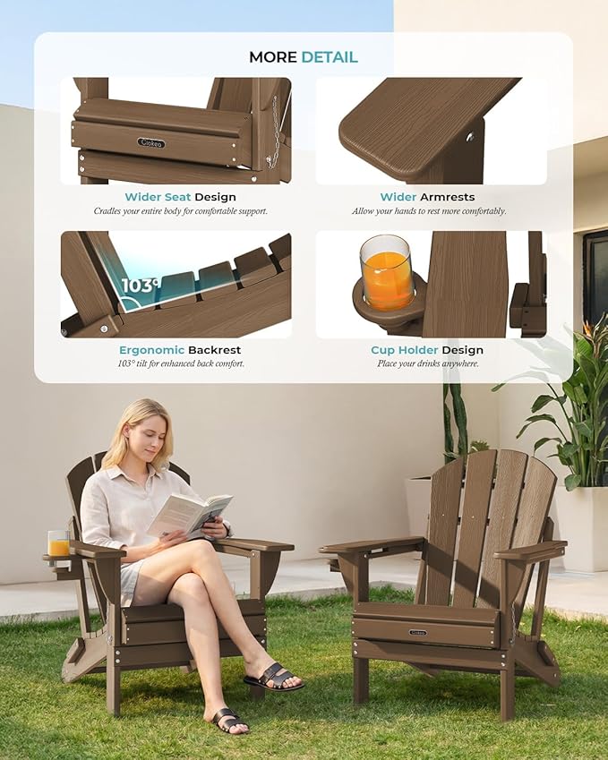 Ciokea Folding Adirondack Chairs Set of 2, Patio Adirondack Chair Weather Resistant, Plastic Fire Pit Chair with Cup Holder, Lawn Chair for Outdoor Porch Garden Backyard Deck, Brown