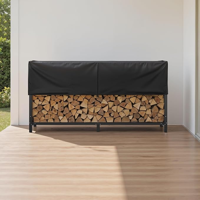 Heavy Duty 8ft Firewood Rack with Cover Outdoor, 1/2 Cord Capacity Log Holder Sturdy Steel Construction, All-Weather Black Powder Coat Wood Storage Organizer for Indoor&Outdoor Use, Black