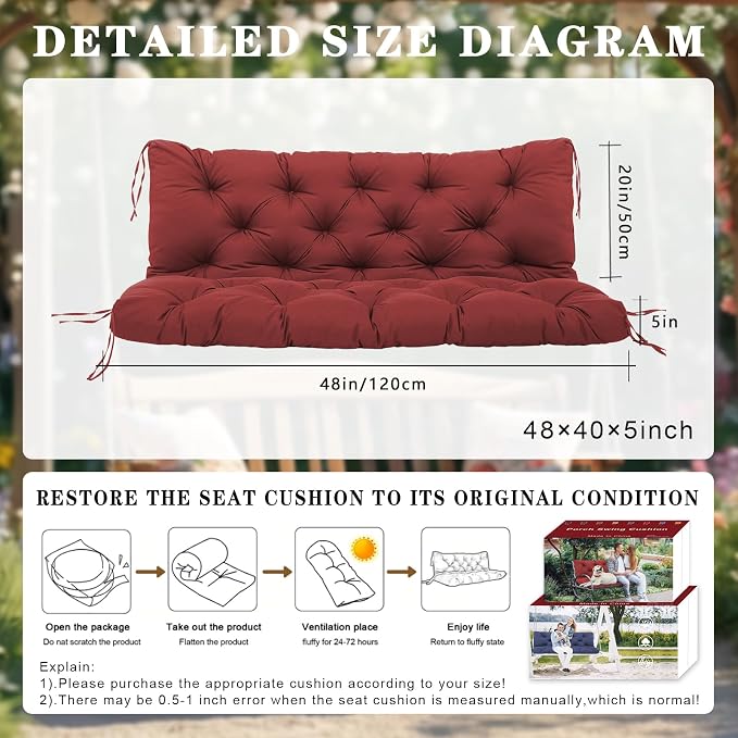 Replacement Cushions for Outdoor Furniture 48 Inch Waterproof Porch Swing Cushions 2 Seater with Backrest Extra 5" Thicken Durable Patio Long Bench Cushions(Wine Red 48×40×5inch)