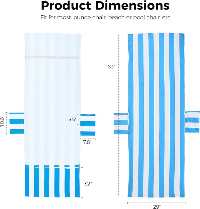 Lounge Chair Towel Covers, 2 Pack Outdoor Chaise Lounge Slipcover, 83" X 29" Stripe Microfiber Beach Chair Cover, Soft Absorbent Chaise Cover with Pockets for Pool Garden Patio, Sky Blue
