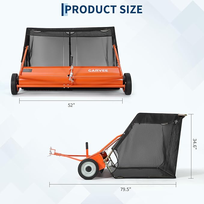 Garvee 52" Tow-Behind Lawn Sweeper – 27 cu.ft. Large-Capacity Pull-Behind Grass & Leaf Collector, Heavy-Duty Adjustable Height, Dumping Rope Design for Easy Debris Disposal, Fits Tractors & ATVs